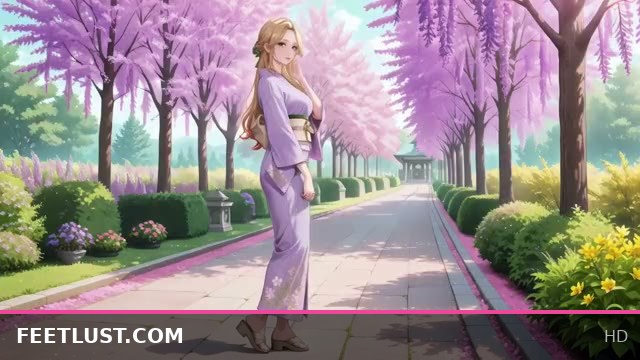 Blonde Beauty in Lavender Kneeling Barefoot Under the Red Torii Gate with Her Andouf Fluttering