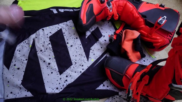 Cumshot all over boyfriend's Fox MX jersey